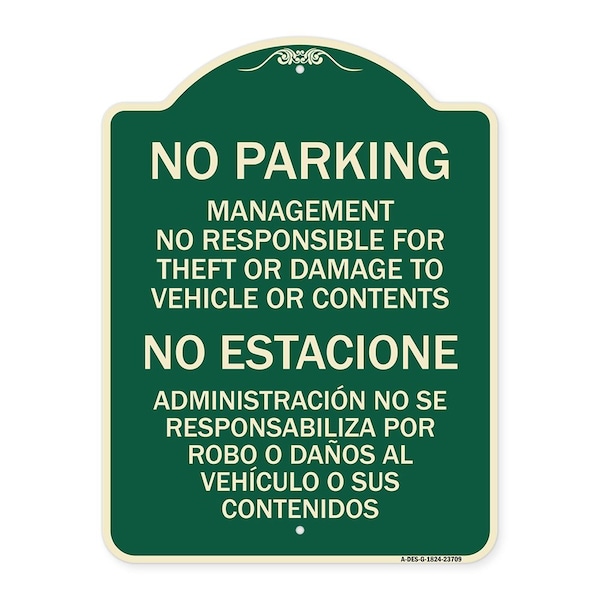 Signmission No Parking Management Not Responsible for Theft or Damage to Vehicle or Contents, A-DES-G-1824-23709 A-DES-G-1824-23709 - main